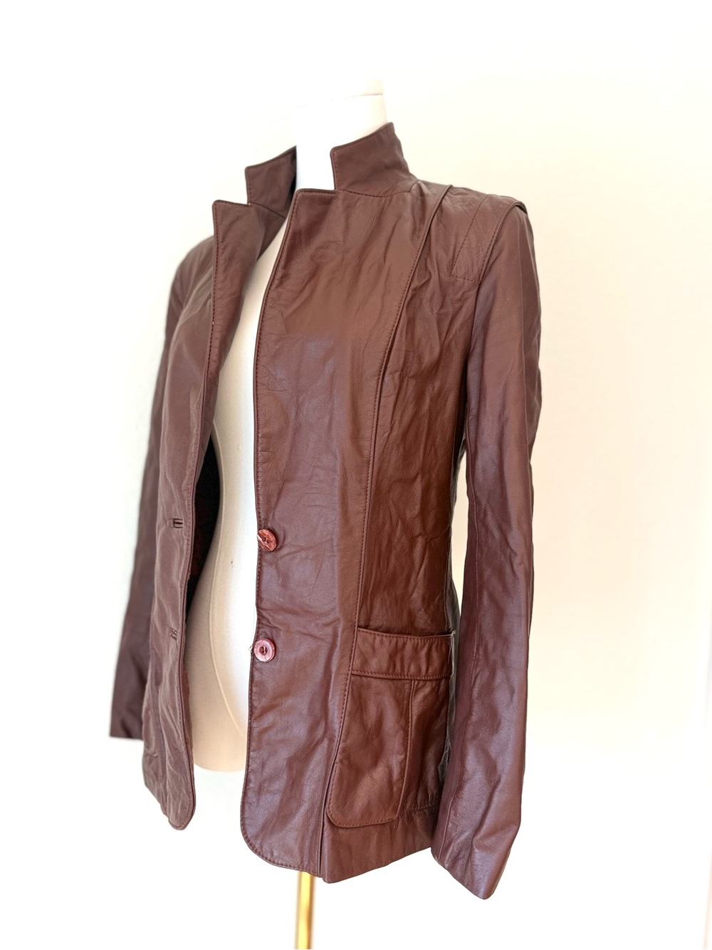 Women's Brown Leather Button-Front Jacket